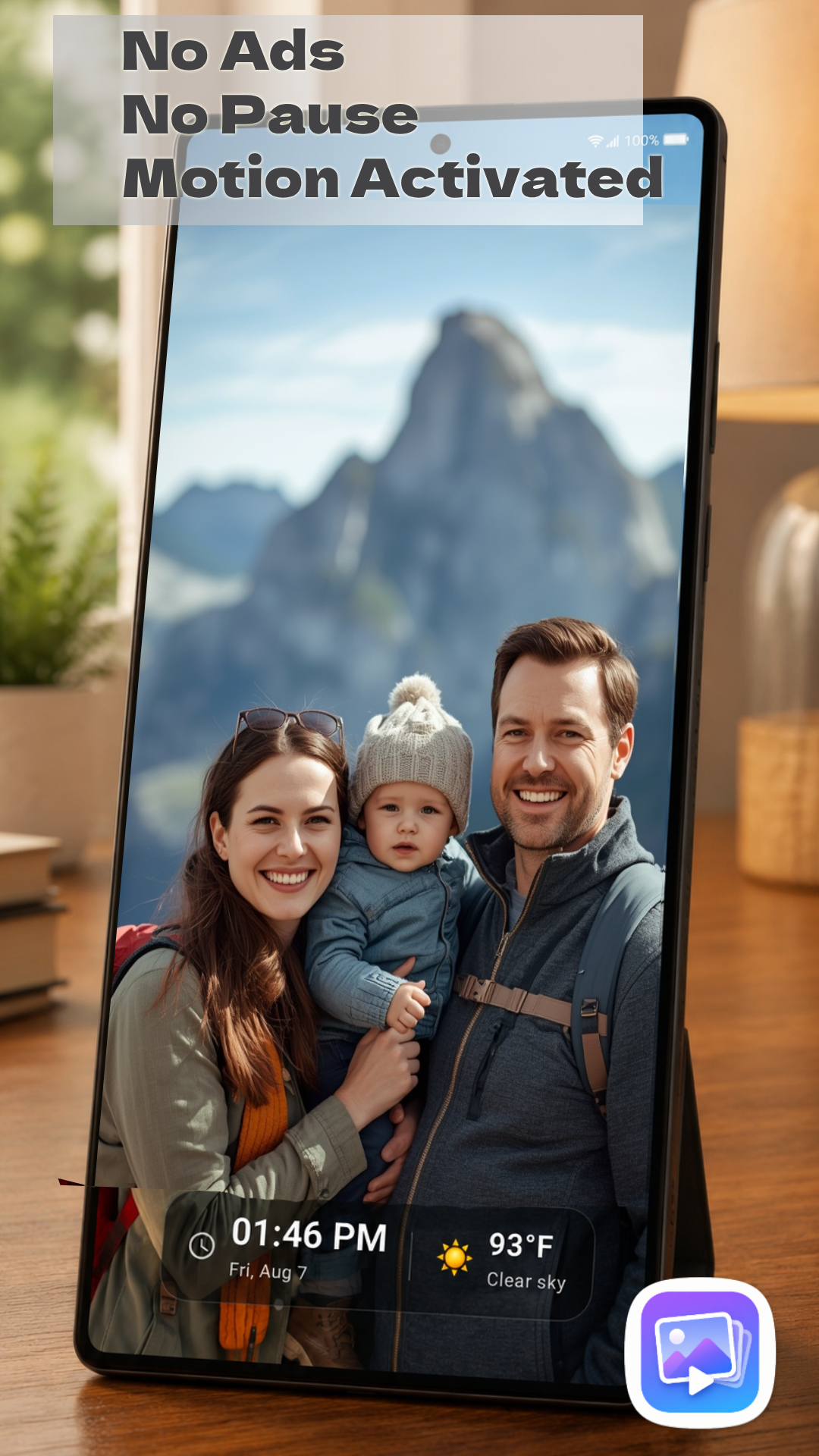 Photo Slider showing a full-screen family beach photo with time and weather overlay, no ads, no pause, motion activated