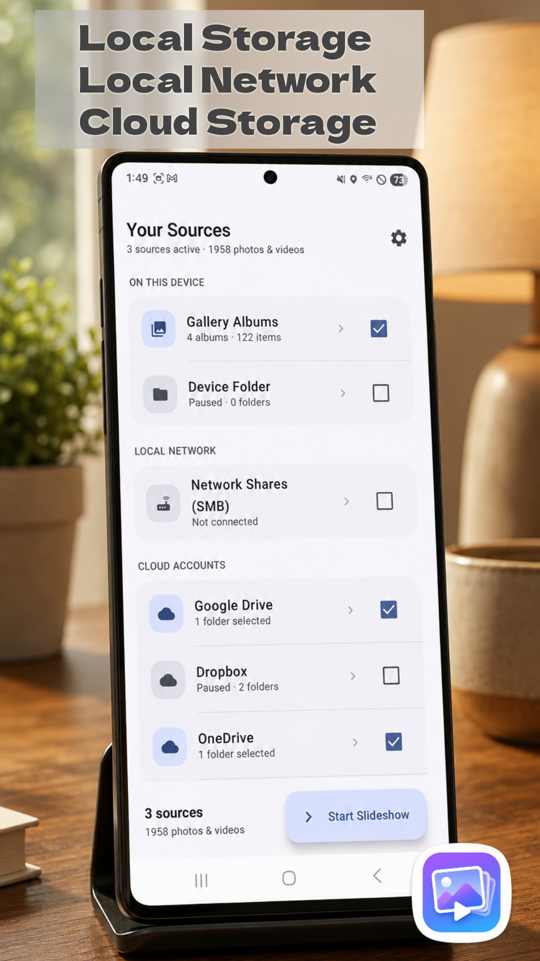 Photo Slider Your Sources screen showing local storage, local network, and cloud storage options all mixed into one playlist