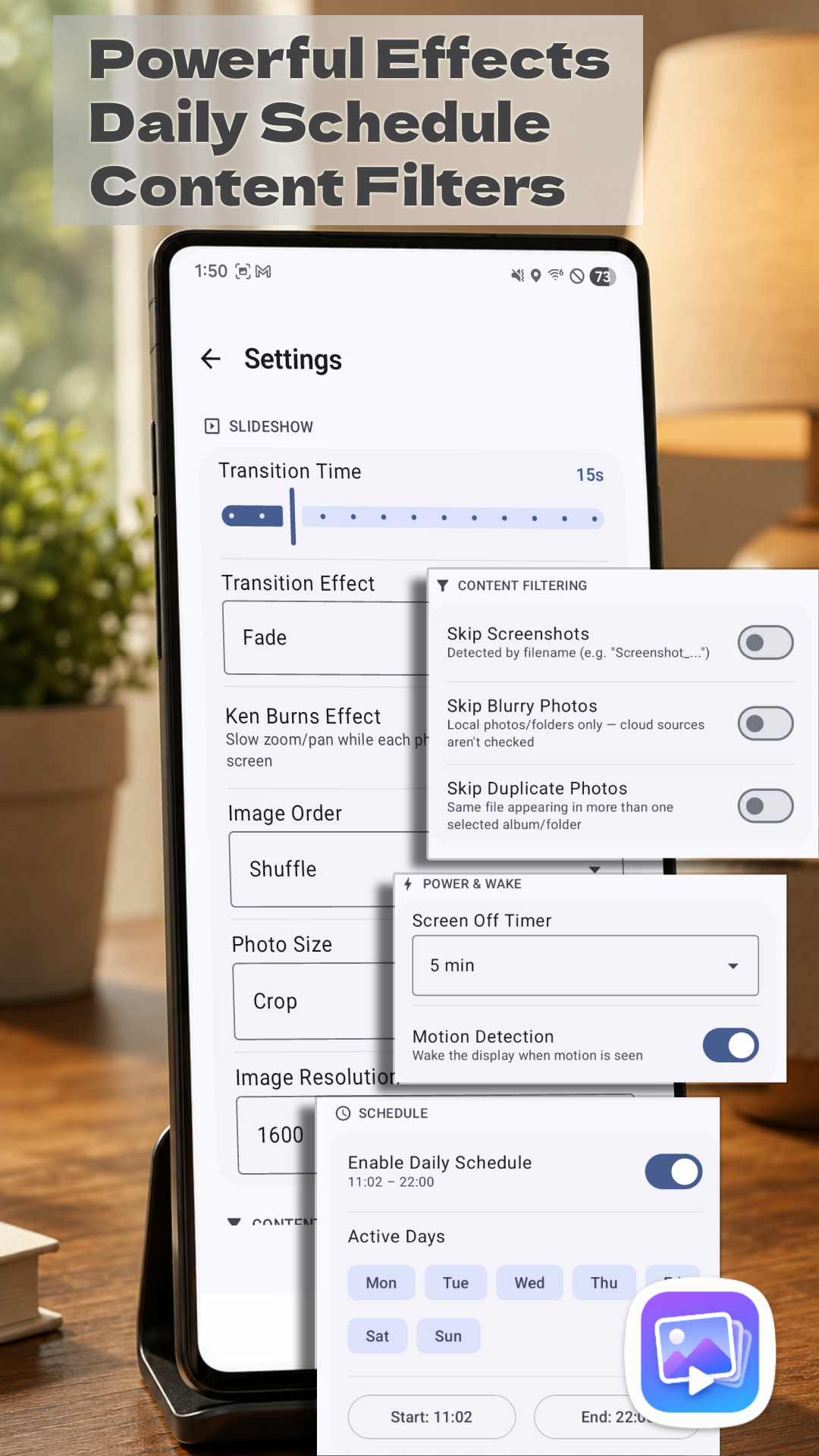 Photo Slider settings screen showing transition effects, daily schedule, and content filtering options