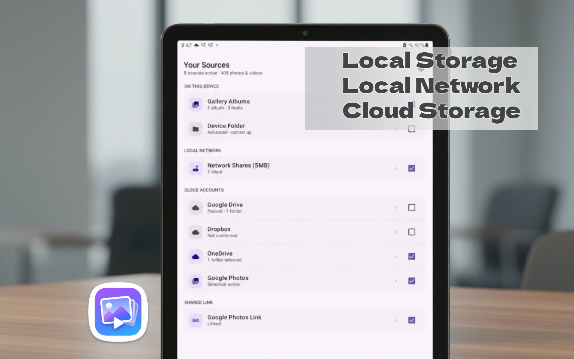 Photo Slider Your Sources screen showing local storage, local network, and cloud storage options all mixed into one playlist
