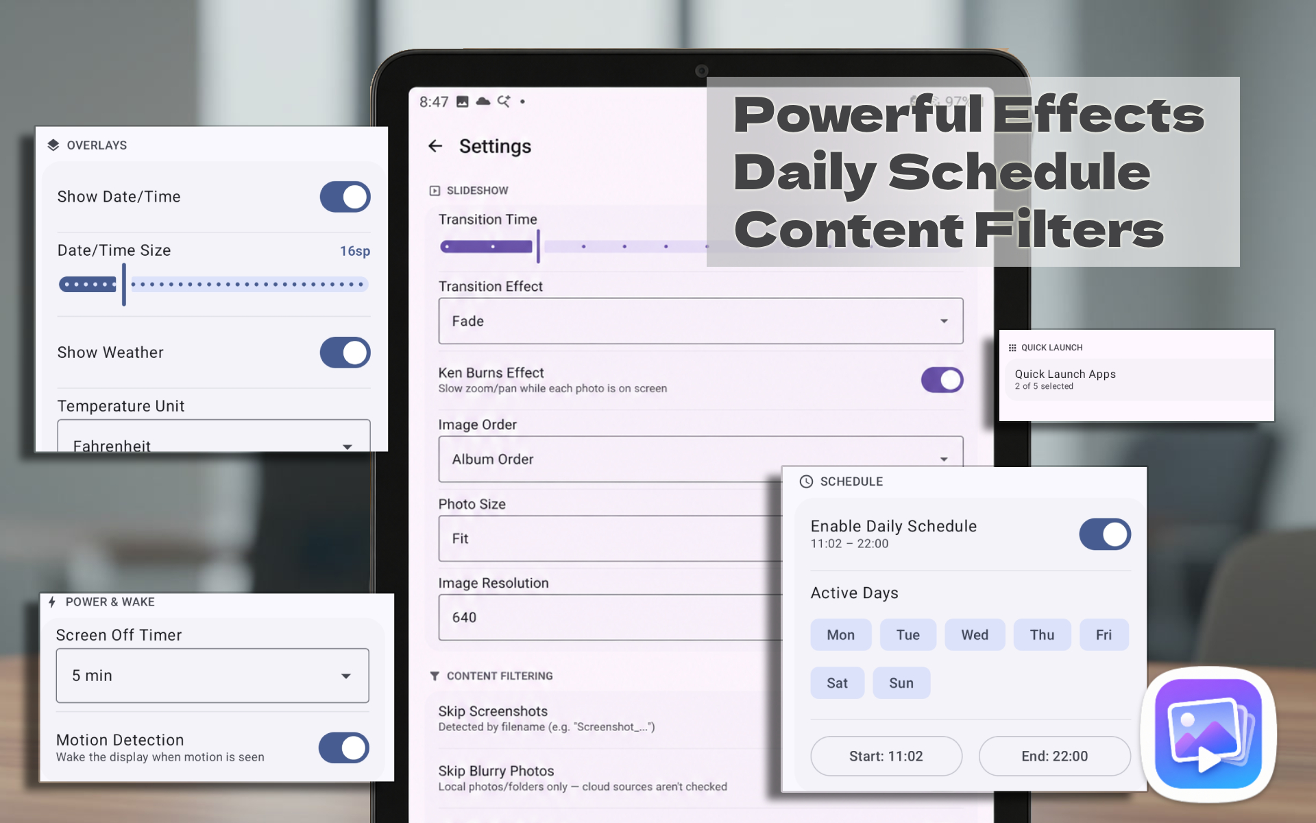 Photo Slider settings screen showing transition effects, daily schedule, and content filtering options